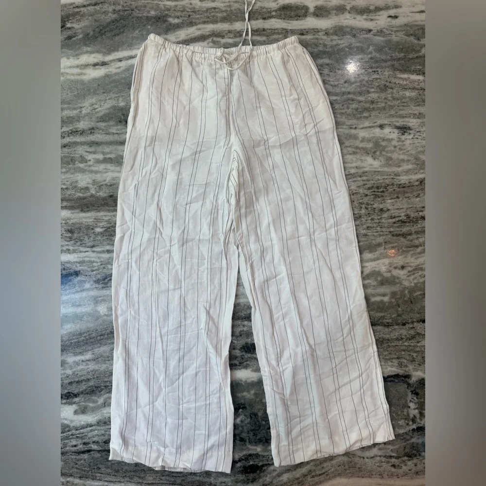H&M Linen Blend White Striped Wide Leg Pants Size Women’s Medium